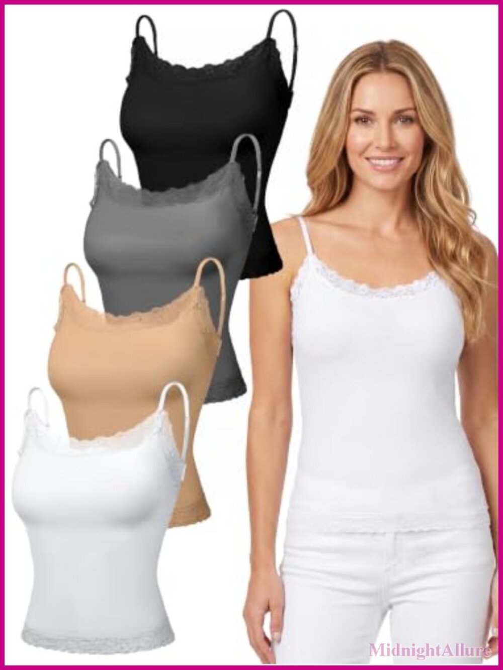 Lace Cotton Camisole 4 Pack, Adjustable Spaghetti Strap Tank Top, Sleeveless
